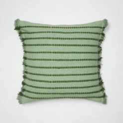 Phoebe Embroidered Stripe With Side Fringe Square Pillow Cover -Best Homeware Shop Embroidered Stripe Side Fringe Pillow Cover Olive 002