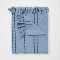 Phoebe Embroidered Stripe Throw Blanket -Best Homeware Shop Embroidered Stripe Throw Blanket Blue 009